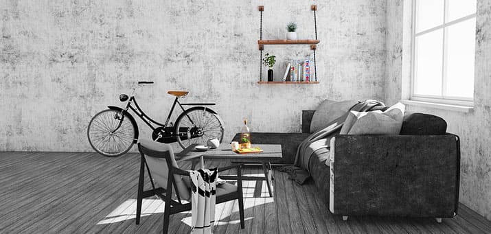 Retrofahrrad an der Wand, Sofa mit Recamiere, Beistelltisch mit Retrosessel. Putzhilfe Hamburg-Dulsberg. 