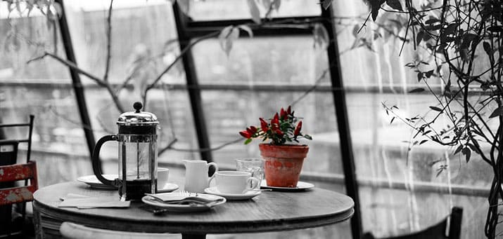 Bistrotisch mit Kaffeegedeck und French-Press Kaffeekanne vor verregneten Treibhaus-Glasfenstern - Putzfrau Hamburg-Wandsbek
